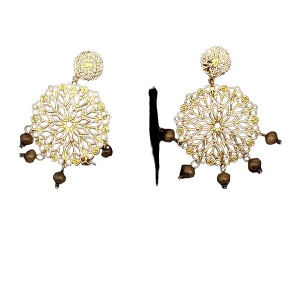 Gold Filigree Statement Earrings with Bead Drops - Picture 7 of 7